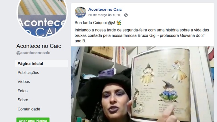 A imagem é uma reprodução de uma tela no Facebook. Aparece o nome da página, Acontece no Caic, à esquerda. Abaixo do nome da página, o endereço dela, @acontecenocaic e uma barra de menus do facebook sobre a página, que inclui 