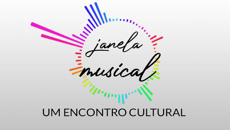 A imagem é uma ilustração. O fundo é cinza e ao centro aparece o texto "janela musical". O texto está no centro de um círculo formado por traços coloridos. Abaixo do círculo consta o texto: um encontro cultural